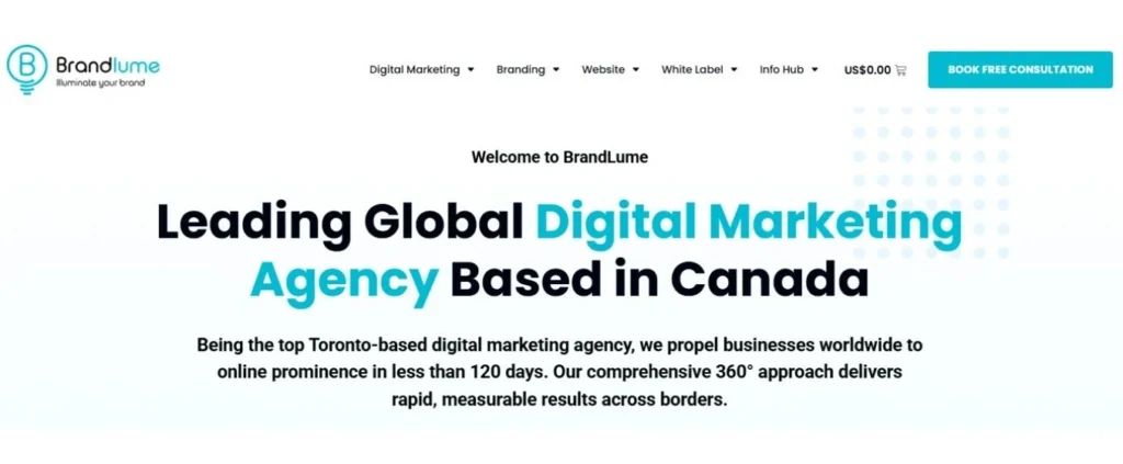 Brandlume digital marketing agency website homepage with the text "Leading Global Digital Marketing Agency Based in Canada" and a small lightbulb logo
