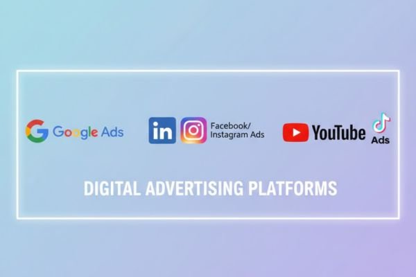 Logos of Google Ads, LinkedIn, Facebook, Instagram, YouTube, and TikTok with text 'Digital Advertising Platforms'.
