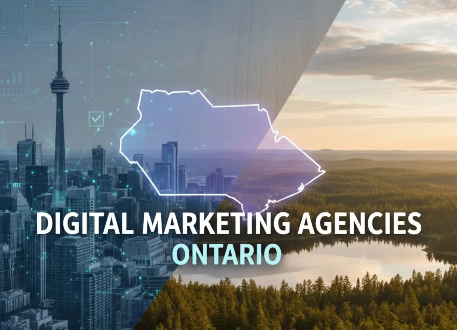A split screen image graphic overlaying a map of Ontario. The left side shows a futuristic Toronto skyline, and the right side shows a natural landscape with a lake, with the text DIGITAL MARKETING AGENCIES ONTARIO clearly displayed.