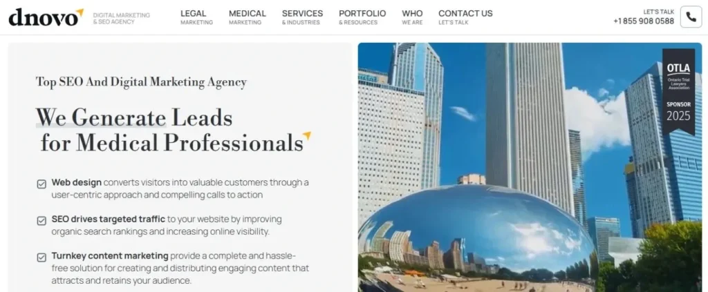 Dnovo Digital Marketing & SEO Agency homepage highlighting their specialization: "We Generate Leads for Medical Professionals" next to a large reflective, modern sculpture in an urban setting.