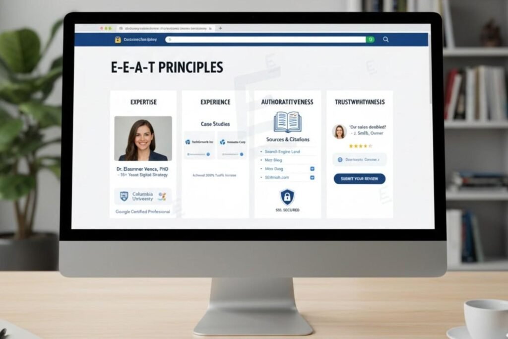 A computer screen displaying the 'E-E-A-T PRINCIPLES' for SEO, which are broken down into four columns: EXPERTISE (with a photo and credentials of Dr. Eleasmer Vence, PhD), EXPERIENCE (with case studies), AUTHORITATIVENESS (with sources and citations), and TRUSTWORTHINESS (with a customer review and security badges).