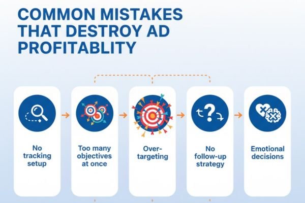 Infographic listing common ad mistakes: no tracking setup, too many objectives, over-targeting, no follow-up strategy, emotional decisions.