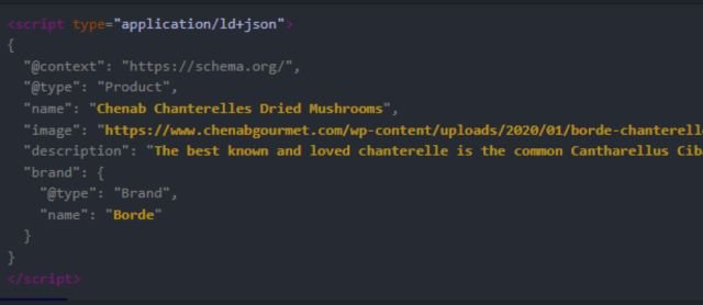 Code snippet showing JSON-LD schema markup for a Product.