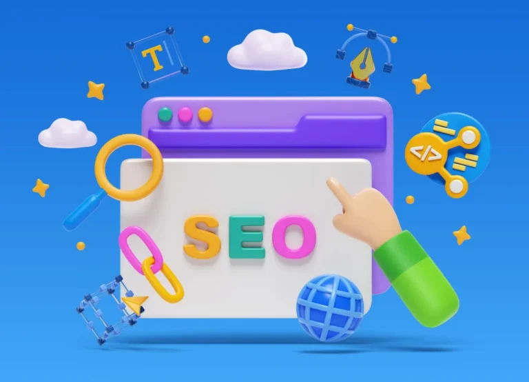 A colorful, playful 3D illustration centered on a browser window displaying the letters "SEO" search engine optimization. Surrounding it are various search engine optimization elements like a magnifying glass, a chain link, a globe, and floating icons representing coding, content, and design tools, all on a bright blue background.