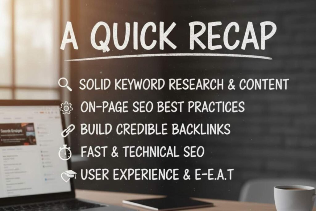 A whiteboard or chalkboard with the title "A QUICK RECAP" and a list of key Search Engine Optimization (SEO) principles: Solid Keyword Research & Content, On-Page SEO Best Practices, Build Credible Backlinks, Fast & Technical SEO, and User Experience & E-E-A-T. A laptop and a cup of coffee are visible on the desk below.