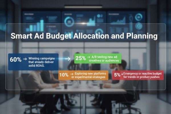 Chart showing ad budget allocation with percentages for campaigns, A/B testing, new platforms, and emergency budgets.