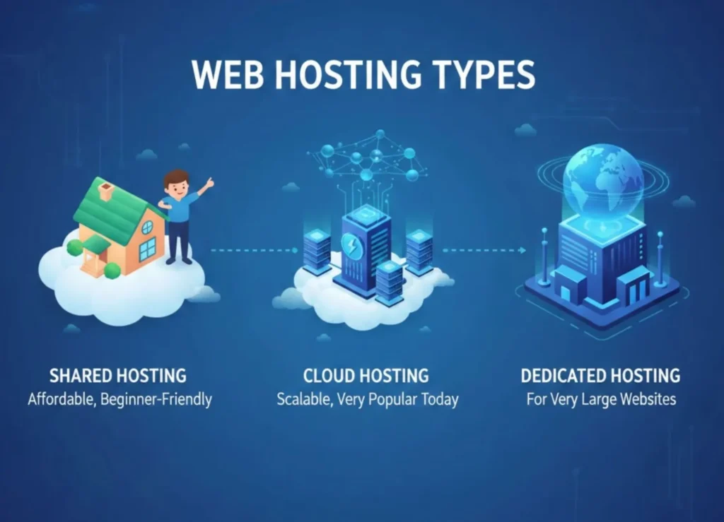Illustration showing three web hosting types: Shared Hosting (affordable, beginner-friendly), Cloud Hosting (scalable, popular), and Dedicated Hosting (for very large websites), essential components of website development.