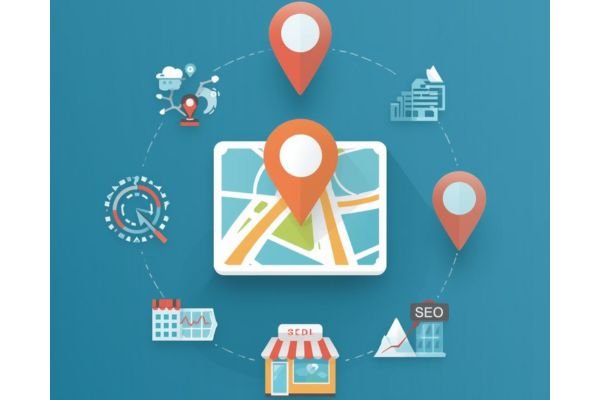 Infographic showing a central map icon connected by a circular path to local business icons like a storefront, an SEO chart, and location pins, illustrating Answer Engine Optimization for local businesses.