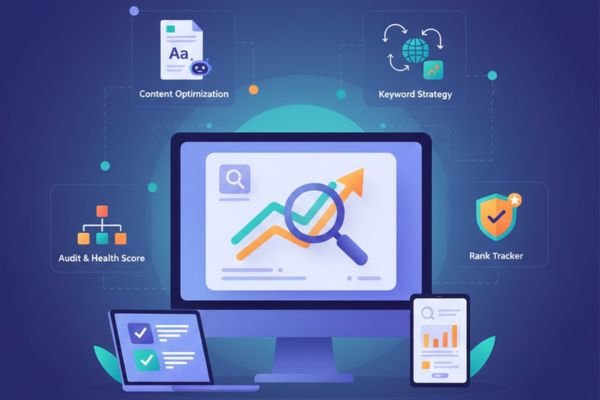 An illustration of a computer monitor displaying an upward-trending graph and a magnifying glass, surrounded by icons for AI SEO Tools features: Content Optimization, Keyword Strategy, Audit & Health Score, and Rank Tracker.