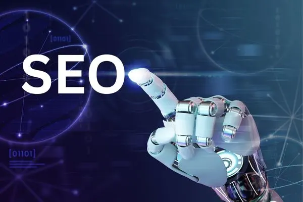 A close-up image of a futuristic robotic hand touching a digital screen with the large white text "SEO" displayed, symbolizing AI's role in Search Engine Optimization.