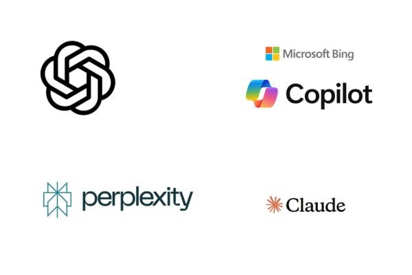 Logos for four popular AI tools: OpenAI (abstract black logo), Microsoft Bing Copilot, Perplexity, and Claude.