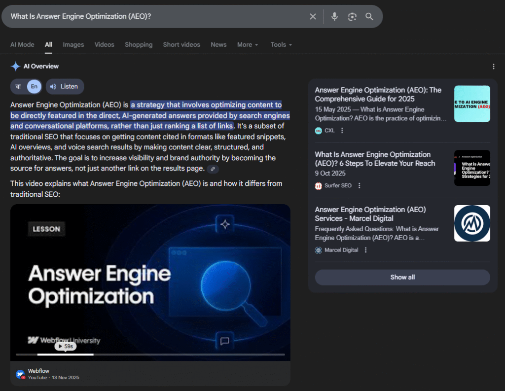 A screenshot that shows how answer engine optimization AEO works
