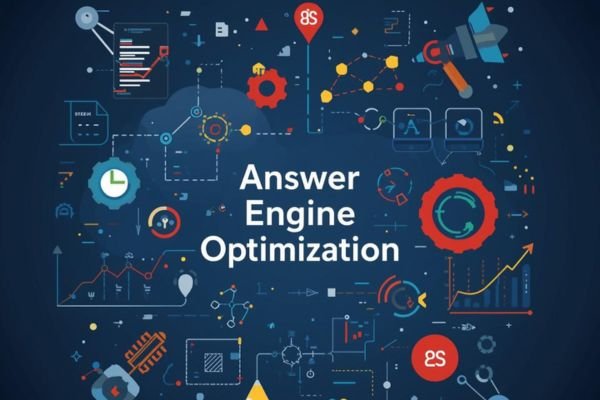 Answer Engine Optimization text surrounded by abstract, connected digital, gear, and data icons on a dark blue background