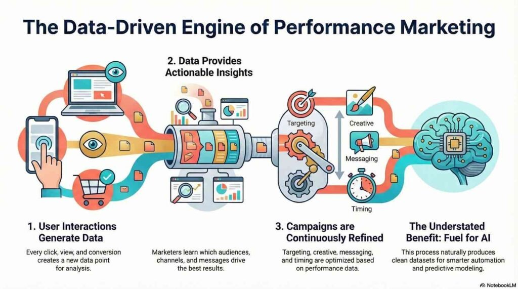 Infographic of a marketing engine showing data flow from user interactions to actionable insights, refined campaigns, and AI fuel. Representing one of the benefits of performance marketing