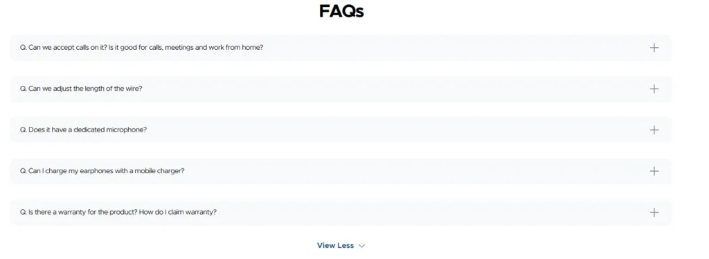 An accordion-style FAQ section for a tech product covering common user questions about call quality, microphone specs, charging, and warranty info.