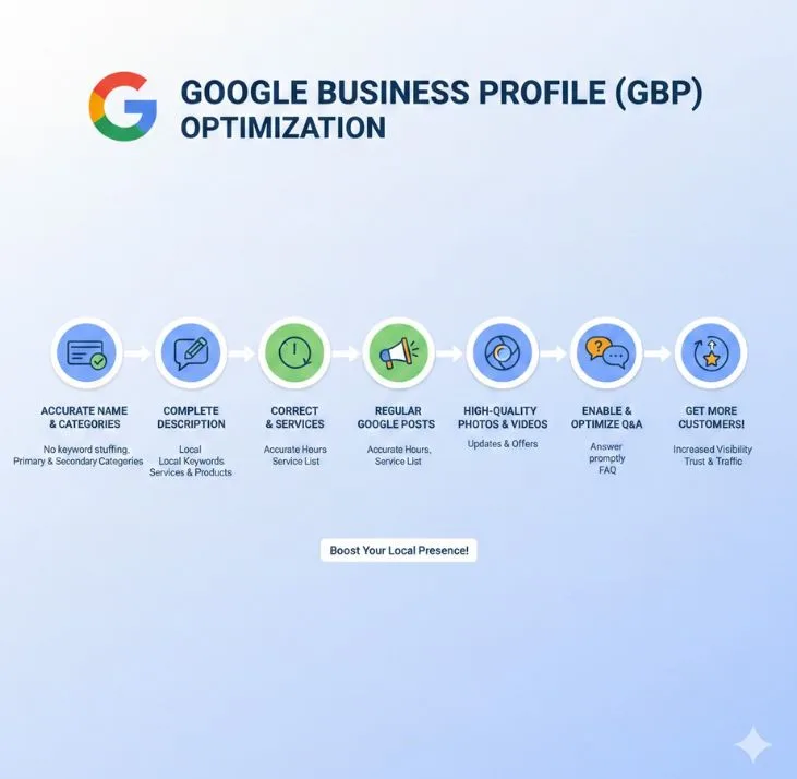 An infographic outlining the 7 steps of Google Business Profile (GBP) optimization, including accurate categories, complete descriptions, correct services, regular posts, high-quality photos, Q&A engagement, and increasing visibility.