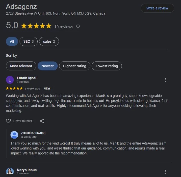 A screenshot of the Google Business Profile for Adsagenz, showing a 5.0-star rating with 19 reviews. A 5-star review from Laraib Iqbal highlights "real results" and "fast communication," followed by a professional response from the owner.