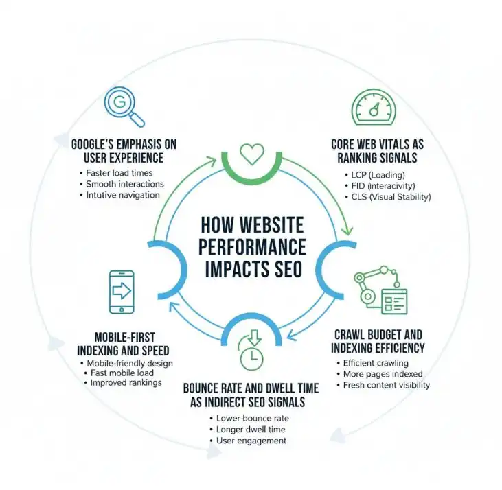 An educational infographic diagram titled "How Website Performance Impacts SEO." It features a circular flow connecting five key factors: Google's emphasis on user experience, Core Web Vitals as ranking signals, crawl budget efficiency, bounce rate/dwell time, and mobile-first indexing.
