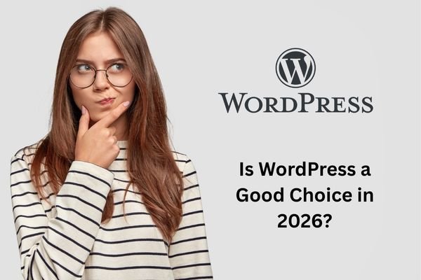A promotional image featuring a young woman with glasses looking thoughtful and glancing upward. Next to her is the WordPress logo and the text "Is WordPress a Good Choice in 2026?"