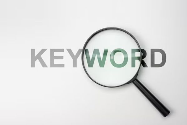 A close-up view of a magnifying glass positioned over the word 'KEYWORD' written on a white background, symbolizing keyword research.