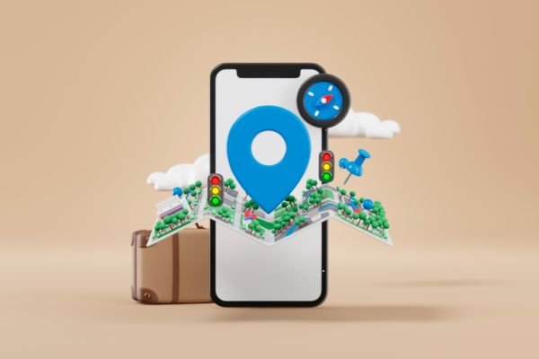 A 3D illustration featuring a smartphone with a large blue location pin and a folded paper map popping out of the screen, demonstrating how local seo helps small businesses get discovered. The scene includes travel and navigation icons like a compass, traffic lights, a pushpin, and a suitcase against a neutral tan background.