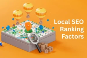 A 3D isometric illustration of a stylized city map with location pins and magnifying glasses, representing the core elements of local seo ranking factors and digital map visibility.