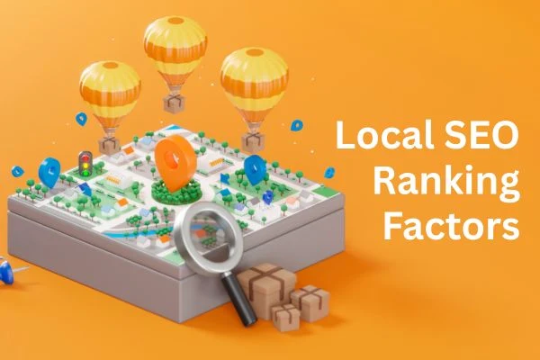 A 3D isometric illustration of a stylized city map with location pins and magnifying glasses, representing the core elements of local seo ranking factors and digital map visibility.