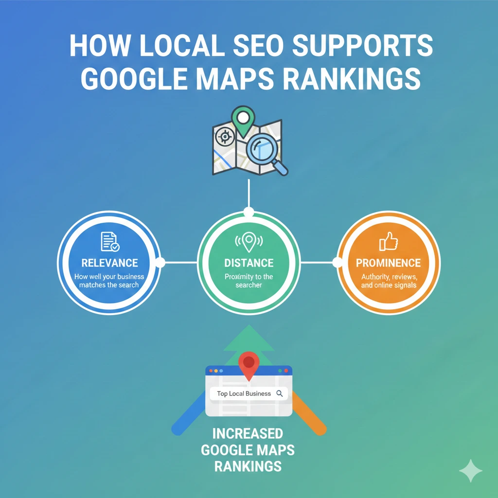 A diagram explaining the three core pillars of Local SEO that lead to increased Google Maps rankings: Relevance (matching the search query), Distance (proximity to the searcher), and Prominence (business authority, reviews, and online signals). An arrow at the bottom points toward a search bar result for "Top Local Business."