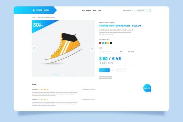 A clean UI layout showing how to optimize product pages with a yellow sneaker, clear pricing in multiple currencies, and customer review sections.