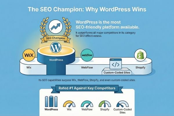 An infographic titled "The SEO Champion: Why WordPress Wins." It features a WordPress logo on a pedestal with a gold trophy. A comparison bar and gauges at the bottom rank WordPress as #1 for SEO effectiveness, followed by lower ratings for Wix, Webflow, Shopify, and Custom-Coded Sites.