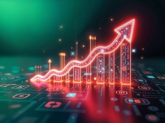 A glowing digital 3D bar chart with an upward-trending arrow, representing rapid growth and success in performance marketing data.