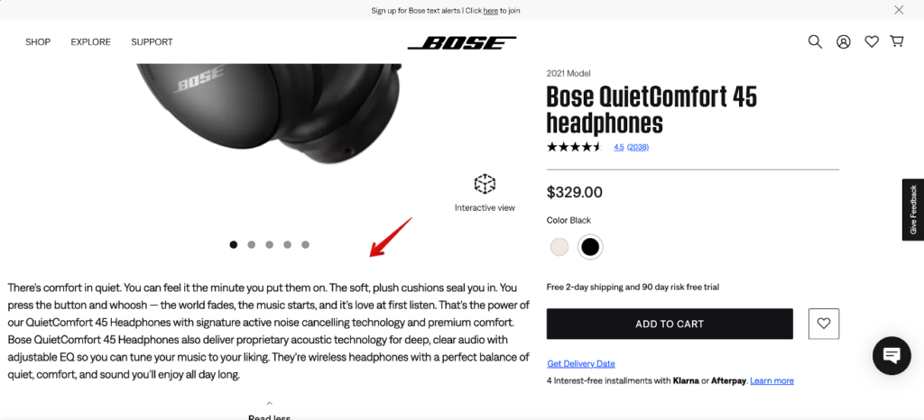 Product page for Bose QuietComfort 45 headphones featuring a black headset, pricing at $329, a detailed feature summary, and an add to cart button.