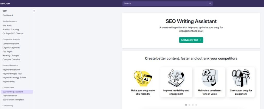 SEMrush SEO Writing Assistant dashboard view showing features like making copy SEO-friendly, improving readability, maintaining tone, and checking for plagiarism.