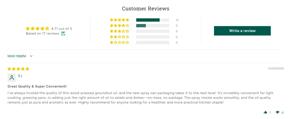 Customer reviews dashboard showing a 4.71 star rating for groundnut oil with a detailed five-star written testimonial about quality and convenience.