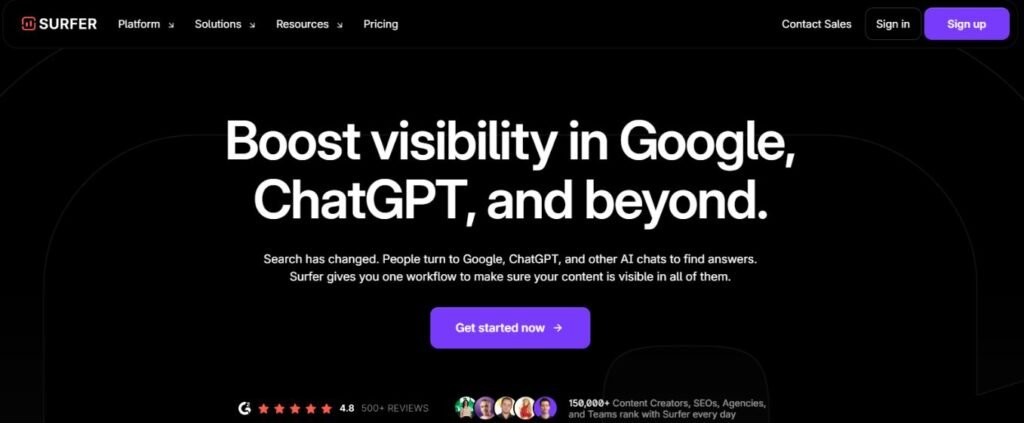 Surfer SEO AI tool homepage encouraging users to boost visibility in Google, ChatGPT, and beyond. AI SEO Tools.