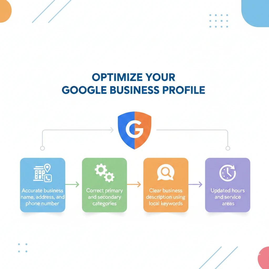 A flow chart titled "Optimize Your Google Business Profile" with four colored icons. The steps include: using an accurate business name, address, and phone number; choosing the correct primary and secondary categories; writing a clear business description with local keywords; and keeping hours and service areas updated.