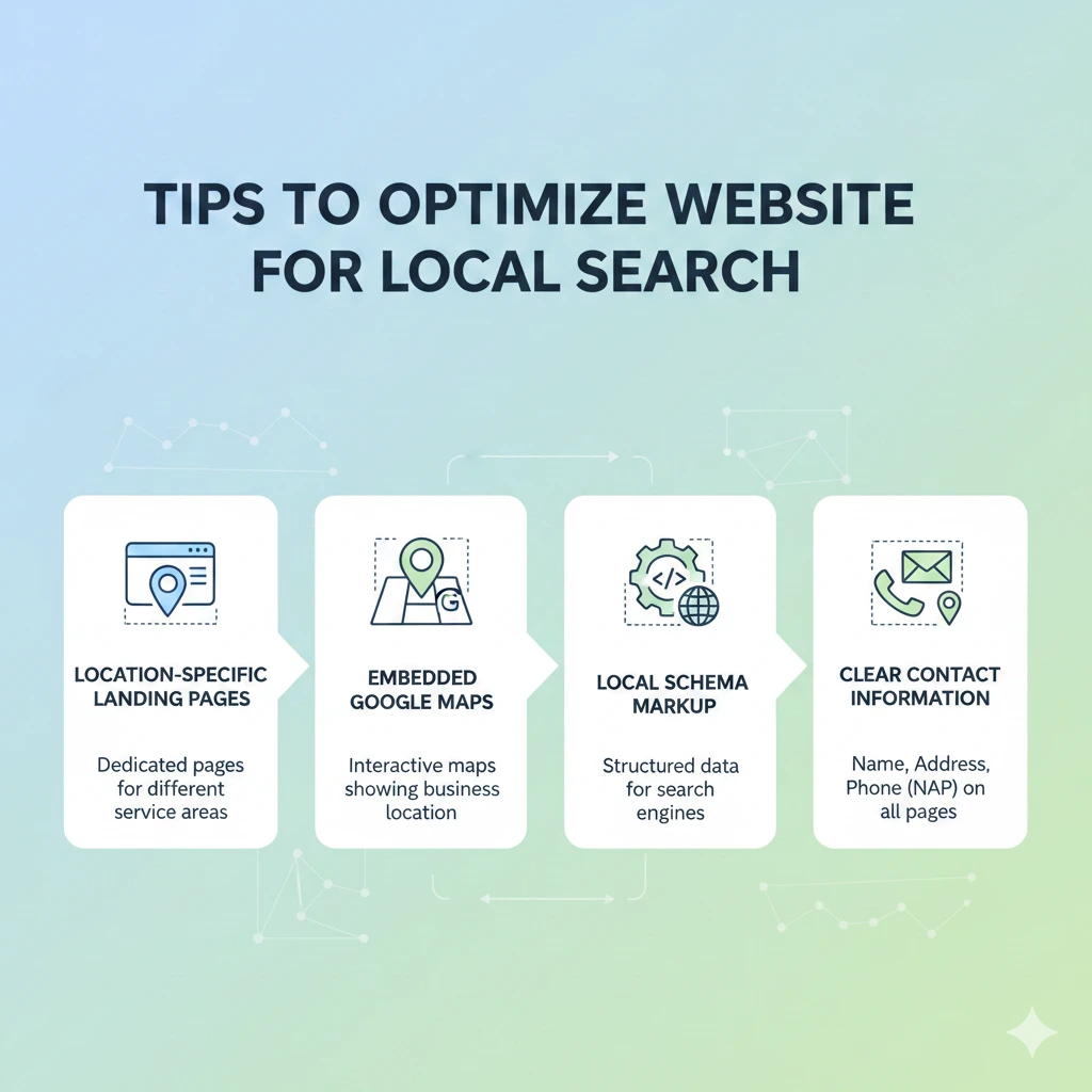 An infographic titled "Tips to Optimize Website for Local Search" featuring four key steps: 1. Location-Specific Landing Pages (dedicated pages for service areas), 2. Embedded Google Maps (interactive maps showing business locations), 3. Local Schema Markup (structured data for search engines), and 4. Clear Contact Information (NAP - Name, Address, Phone on all pages).