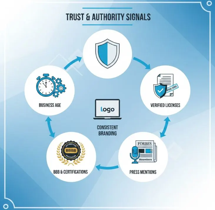 A circular diagram showcasing five key trust and authority signals for businesses: business age, consistent branding, verified licenses, press mentions (like Forbes and Bloomberg), and BBB certifications.