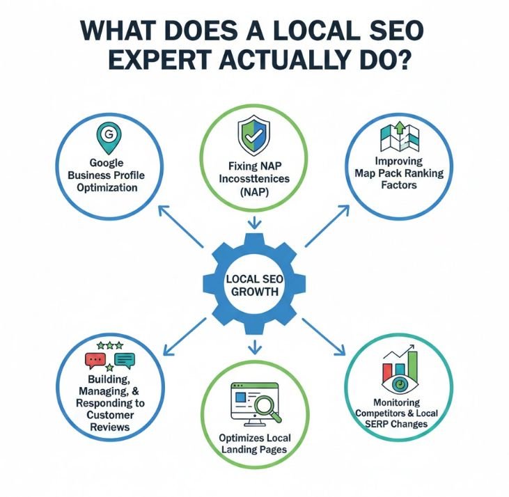 nfographic showing how a local SEO expert grows businesses via Google profiles, NAP fixes, and landing page updates.