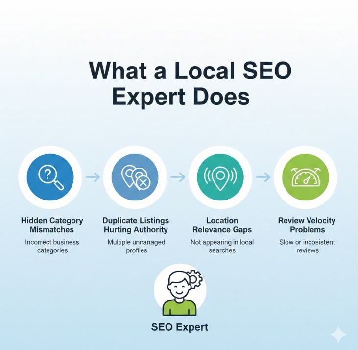 Diagram showing an expert resolving hidden category mismatches, duplicate listings, and review velocity problems.