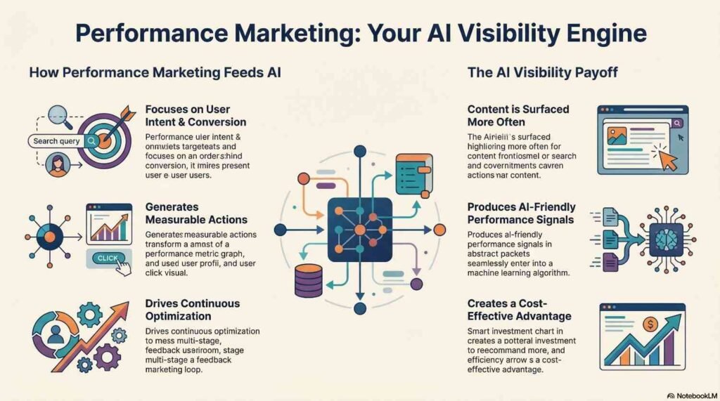 Diagram explaining how performance marketing feeds AI with user intent and measurable actions to create a cost-effective visibility payoff.
