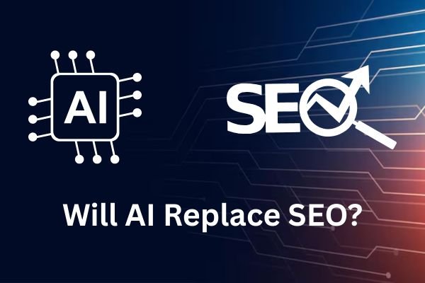 Graphic posing the question "Will AI Replace SEO?" with an icon of a computer chip labeled 'AI' on the left and an icon of a magnifying glass over an arrow pointing up labeled 'SEO' on the right.