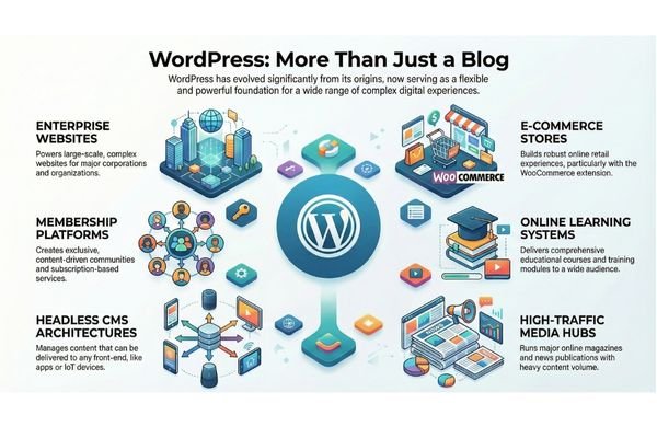 A conceptual diagram titled "WordPress: More Than Just a Blog." A central WordPress logo is surrounded by six icons representing its diverse uses: Enterprise Websites, E-commerce Stores (WooCommerce), Online Learning Systems, High-Traffic Media Hubs, Headless CMS Architectures, and Membership Platforms.