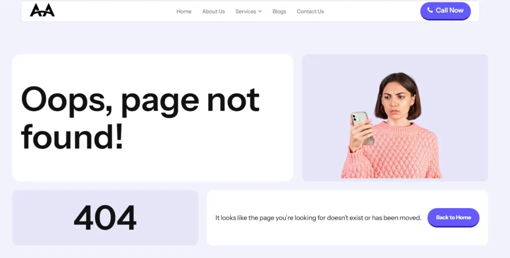 A custom 404 error page design featuring a "Page not found" message, an image of a confused woman, and a "Back to Home" button.