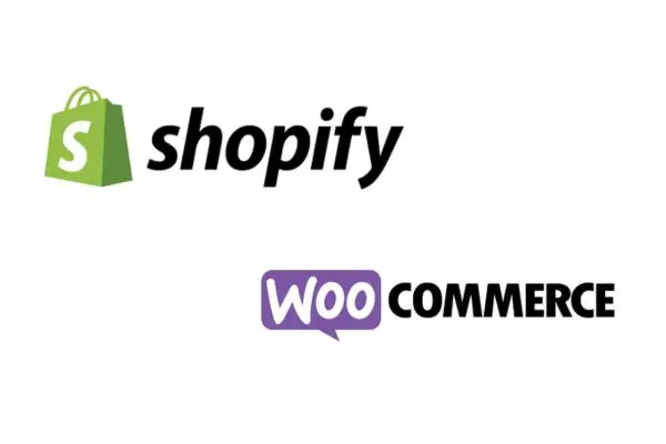 A clean, white background displaying the official logos for the Shopify and WooCommerce e-commerce platforms for business use.