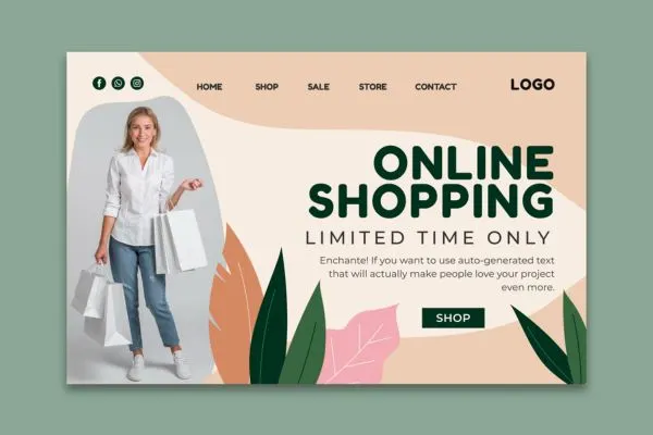 Online shopping banner template showing a happy woman with bags, stylish botanical graphics, and a green shop button options.