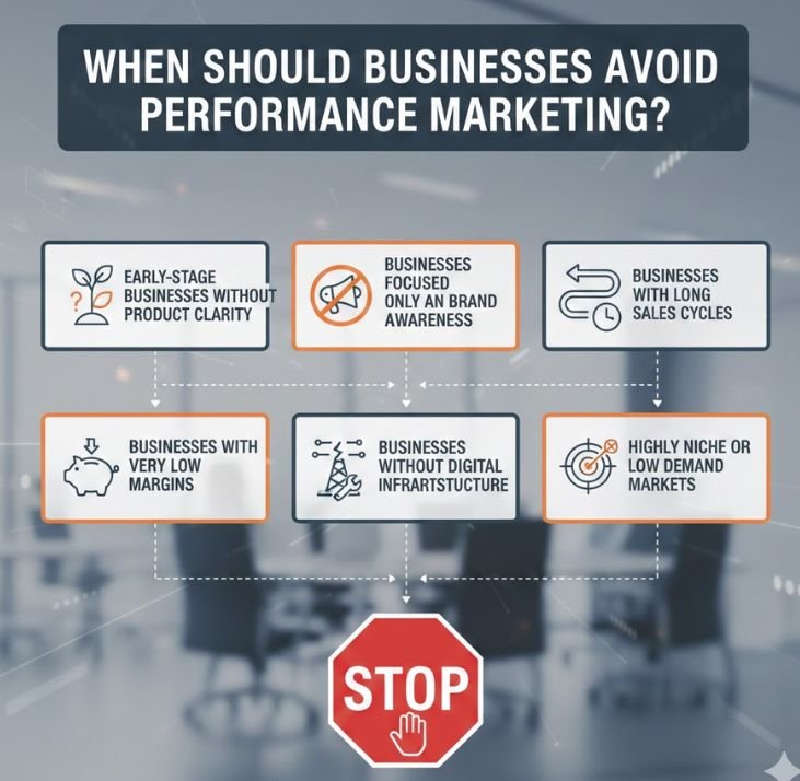 Infographic detailing when to avoid performance marketing, including low margins and lack of digital infrastructure.