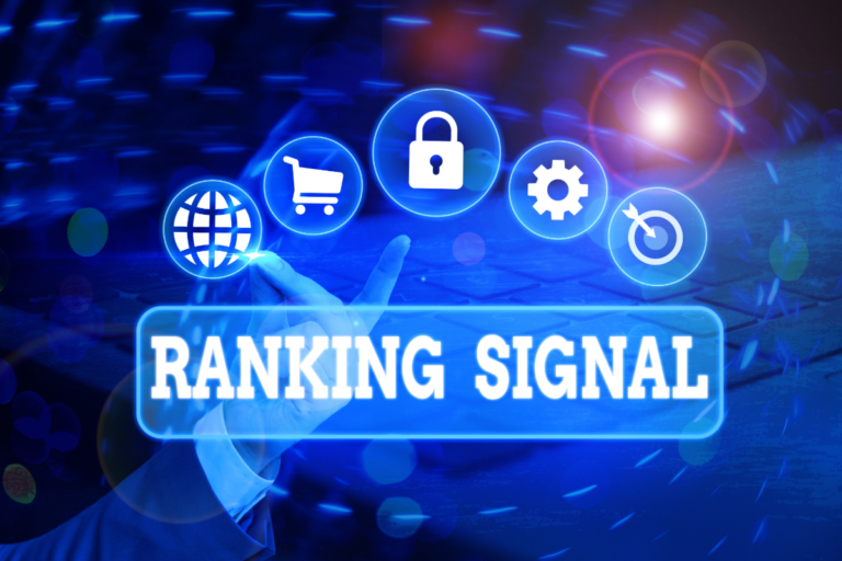 Ranking Signals concept with digital icons showing AI driven search visibility factors.