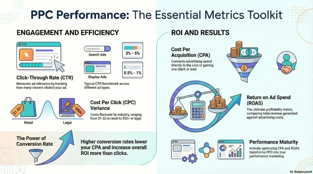 Infographic of PPC metrics: CTR benchmarks, CPC industry variance, CPA, ROAS, and the impact of conversion rates.