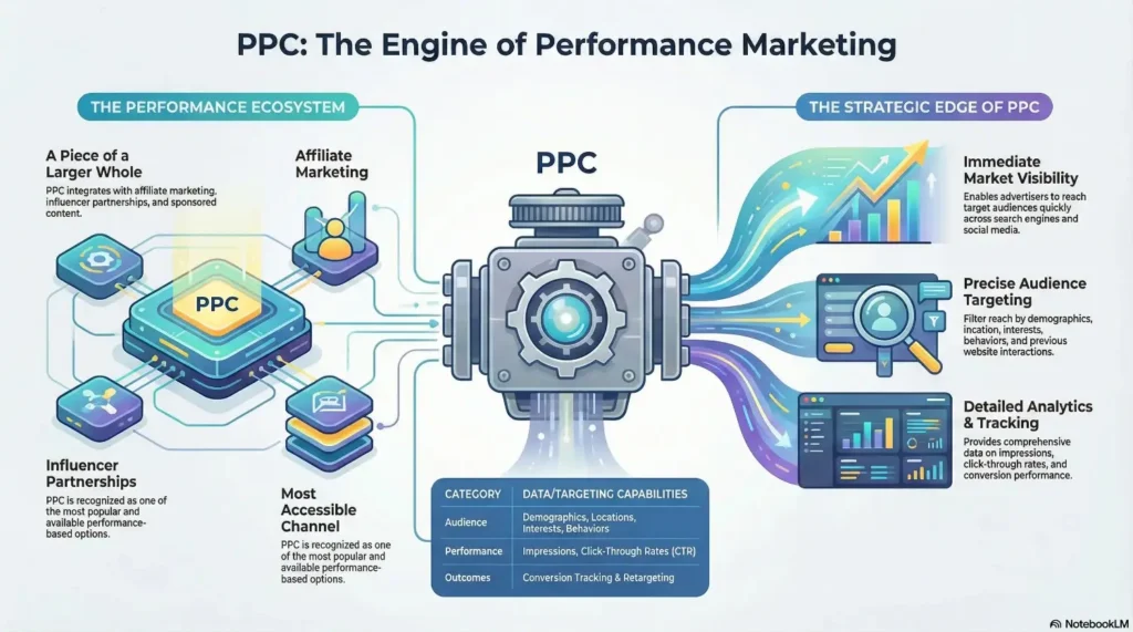 Diagram of PPC as an engine connected to affiliate marketing, influencers, audience targeting, and data analytics.